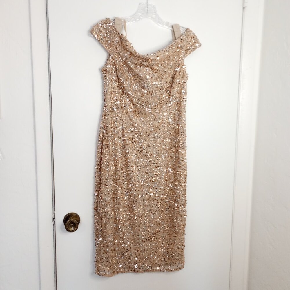 Adrianna Papell Gold Sequined Off-Shoulder Dress - Picture 3 of 13